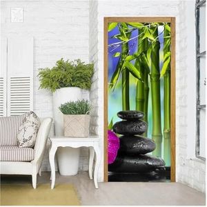 Deurstickers 3D Zen Stone Groene Bamboe Deurstickers Behang Bloem Vlinder Bladeren Deuren Muurschilderingen Meditatie Plant Muurschildering(Kleur:T,Grootte:90x200cm)