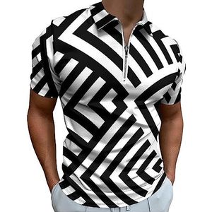 Zwart-wit geruit gestreept poloshirt voor heren, casual T-shirts met ritssluiting en kraag, golftops, slim fit