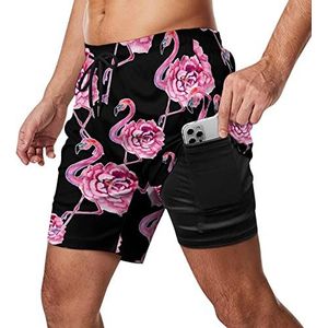 Leuke Flamingo Rose Zwembroek voor heren, sneldrogend, 2-in-1 strandsportshorts met compressieliner en zak