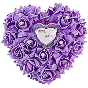 Yosoo Romantische Roos Bruiloft Ringkussen Ring Box Hart Voorkeuringen Trouwring Kussen met Elegante Satijn Flora (1 Paars)