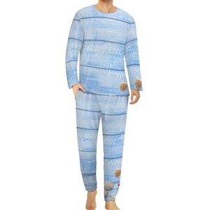 Blauw houten met schelpen, zeester en zand comfortabele herenpyjama set ronde hals lange mouwen loungewear met zakken L