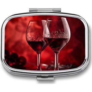 Vierkante pillendoos draagbare metalen pillenetui 2 compartimenten kleine reizen pillenorganisator schattige twee glazen wijn vitamines houder organizer voor portemonnee zak