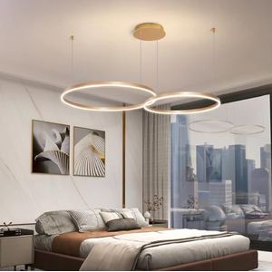 LED Dimbare Kroonluchter Eettafel Plafondlamp Woonkamer verlichting Hoogte Verstelbaar Afstandsbediening Hanglamp gouden ring Pendant Licht Restaurant Slaapkamer Modern Keuken lamp,Gold,2 rings