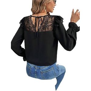 dames topjes Contrasterende kanten blouse met strik op de rug - Casual top met V-hals en lange mouwen (Color : Noir, Size : Small)
