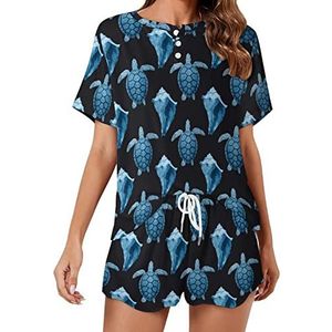 Blauwe zeeschildpadden schelp zachte dames pyjama korte mouw pyjama loungewear met zakken cadeau voor thuis strand 5XL