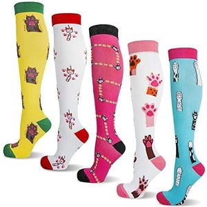 LEOSTEP 5 paar compressiekousen voor dames en heren, kleurrijke compressiesokken met 15-25 mmHg steunkousen voor sport, geneeskunde, hardlopen, reizen, vlucht, zwangerschap, verpleegkundigen, Animal Catch, Large-X-Large