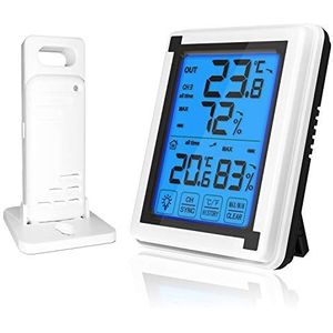 ThreeH Indoor Outdoor Thermometer met 1 Draadloze Sensor Temperatuur Vochtigheid Monitor met LCD Baklight Touchscreen voor Thuiskantoor (1 Sensor)