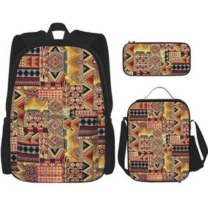 OKFSTY Afrikaanse Textiel Patchwork 3pcs Rugzak, 16 inch Jongens Voorschoolse Elementaire Boekentas en Lunch Box Lichtgewicht, Zwart, Eén maat, Schooltas Set