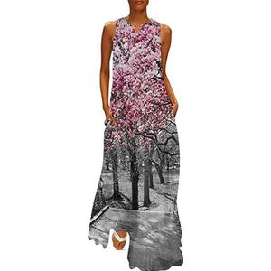 Roze en grijs canvas muurkunst dames enkellange jurk slanke pasvorm mouwloze maxi-jurken casual zonnejurk M