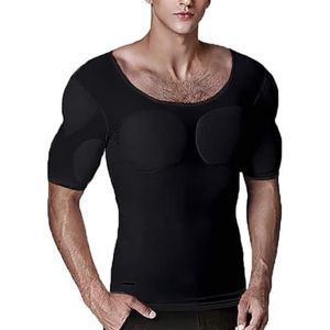 Heren Nep Borst Spier Gewatteerd T-shirt Schouder Gewatteerd Ademend Onzichtbaar Simulatie Spier Ondershirt Grappig Cosplay Kostuum(Black1.,M)