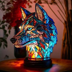 Serie dierentafellampen, 3D dierenlamp, tafellamp van gebrandschilderd glas in dierenvorm, vintage hars dierentafellampen, slaapkamerbeddecoratie tafellamp thuiskantoor decor m-4017 (Color : Wolf)