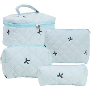 UKETO 4 stuks coquette make-up tas, gewatteerde nylon make-up zakje tassen sets met Kawaii strik, schattige make-up tas grote reizen toilettas organizer tas voor vrouwen en meisjes, Blauw, onbezorgd