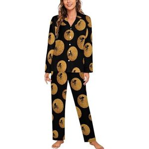 Golden Moon Bigfoot Sasquatch Vrouwen Lange Mouw Button Down Nachtkleding Zachte Nachtkleding Lounge Pyjama Set M