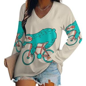 Blauwe luiaard rijdt een fiets casual T-shirts met lange mouwen voor dames V-hals bedrukte grafische blouses T-shirt tops L