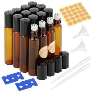 VMUTGA 16 stuks lege roll-on voor etherische oliën, 10 ml, bruin, roll-on fles, lege flessen met roestvrijstalen kogel, voor aromatherapie, massage, 16 stuks