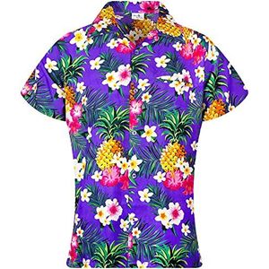 King Kameha Funky Hawaïblouse voor dames, korte mouwen, voorzak, Hawaïprint, ananas, bloemenprint, M