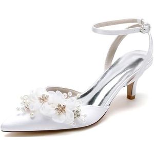 EICOFF Vrouwen Slingback Kitten Hakken Gesloten Pointed Toe Dress Pompen Schoenen met Bloem Enkelband Wedding Party Bridal Schoenen,Wit,38 EU