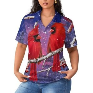 Rode kardinaalvogel zit op besneeuwde takken dames poloshirts met korte mouwen casual T-shirts met kraag golfshirts sport blouses tops 3XL