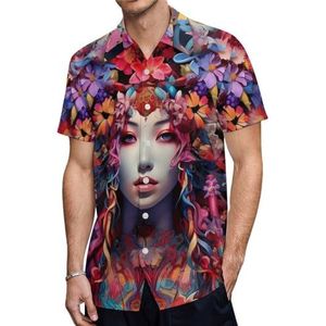 Psychedelische Japanse Geisha Patroon Heren Korte Mouw Shirts Casual Button-down Tops T-shirts Hawaiiaanse Strand Tees 3XL