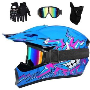 Jeugd Kinderen ATV Motocross Helm Set, met Bril Handschoenen Masker, Volwassen Volledige Gezicht MTB Motor Helm, BMX Enduro Bergafwaarts Quad Crossmotor Botsing Helm ( Color : Blue , Size : S/52-53CM