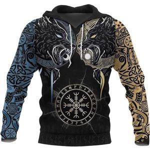 Viking Fenrir Wolf Head Sweatshirt, Realistische 3D Rune Totem Print Couples Gothic Hip Hop Crew Neck Pullover, Nordic Celtic Pagan Vegvisir Full Zip Hoodie(Color:Pullover Hoodie,Size:4XL)