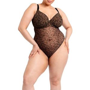 Curvy Kate Cool Cat Plunge Bodysuit Beugel Niet Gewatteerde Mesh Lingerie Luipaard Bruin, Luipaard Bruin, 40H