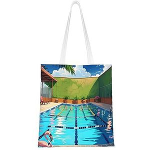 Rustic Lodge Bear Canvas Tote Bag voor dames, herbruikbare schoudertas, een mooi milieuvriendelijk cadeau voor meisjes, leraren, moeders., Flamingo en zwembad, Eén maat