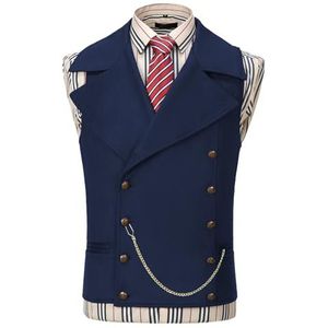 AeoTeokey Gilet voor heren, suède kostuumvest, van kunstleer, met een dubbele rij knopen, grote revers, klassiek cowboy vest, marineblauw, XL