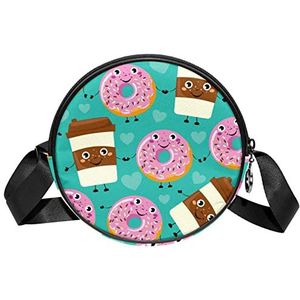 Grappige Cartoon Smiley Donuts Koffie Cup Crossbody Tas Messenger Bag Purse voor Vrouwen, Meerkleurig, 6.7x6.7x2.3 in, Sling Rugzakken