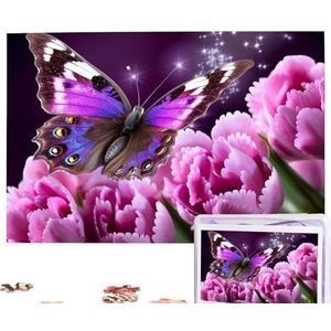 Paarse bloem vlinderpuzzels 1000 stukjes gepersonaliseerde legpuzzels foto's puzzel voor familie foto puzzel voor volwassenen bruiloft verjaardag (74,9 cm x 50 cm)