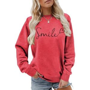 MLZHAN Smile Love Heart Print Vrouwen Sweatshirt Ronde Hals Lange Mouw Truien Herfst Winter Streetwear Causale Jas Tops, Rood, S