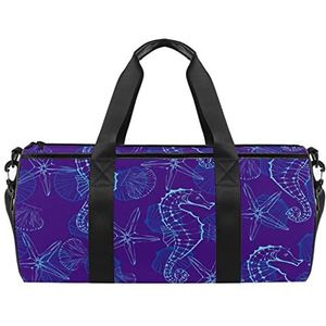 Leuke kleurrijke cartoon kattenhoofden patroon reizen duffle tas sport bagage met rugzak draagtas gymtas voor mannen en vrouwen, Marinepaars Zee Paard Schelpen Conch Patroon, 45 x 23 x 23 cm / 17.7 x 9 x 9 inch