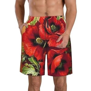 Kapper Monochrome Stijl Print Heren Zwemplank Shorts Zwembroek Trunks Badmode Sneldrogende Surfen Strand Essentiële Zomer, Mooie Rode Papaver Bloem, XXL