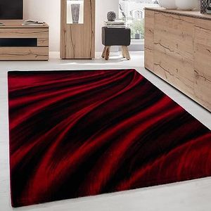 Moderne korte vloerkleed voor de woonkamer en slaapkamer met een abstract golvend design, gemakkelijk in onderhoud, Kleur: Rood, Maat: 140 x 200 cm