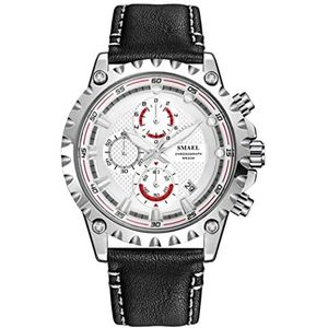 Men Fashion Analog Quartz -horloges, Multi Dial Leather Riem Business Casual waterdichte polshorloge, 12/24 uur Formaat met datum,Silver red b5