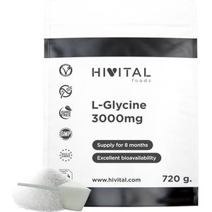 Glycine 3000 mg per dosis. 720 g. per verpakking voor 8 maanden behandeling. Puur L-Glycine aminozuur, 100% veganistisch. Gefabriceerd in Europa door HIVITAL