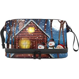 Multifunctionele opslag reizen cosmetische tas met handvat, grote capaciteit reizen cosmetische tas, kerst kerstman sneeuwpop cabine in de winter hout, Meerkleurig, 27x15x14 cm/10.6x5.9x5.5 in