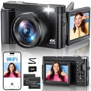 4K 64MP digitale camera met wifi, 16x digitale zoom, 180° flip-scherm, autofocus, vlogging fototoestel met selfie, wifi-compacte camera met 32 GB kaart, 2 batterijen voor beginners