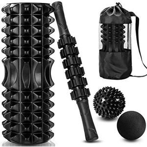 SACONELL 4-in-1 zwarte schuimroller & massagestokset, diepe weefselschuimroller set met 2 massageballen en een massagerolstok voor fitness, yoga, ontspanning en pilates