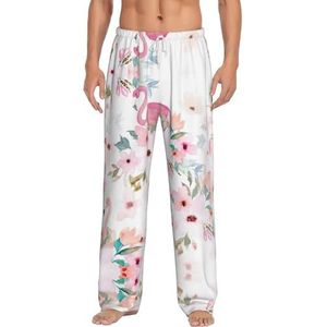 Dexnel Bloemen Met Flamingo Zachte Pyjama Broek Voor Mannen,Klassieke Slaapbroek Comfortabel, Polyester Pyjama Broek Met Zakken, Wit, S