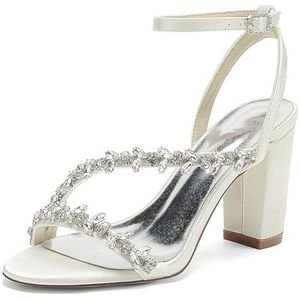 Dames Open Teen Trouwschoenen Voor Bruid Blok Dikke Hak Bruidssandalen Satijnen Enkelbandje Prom Avond Feest Pumps,ivoor,36 EU