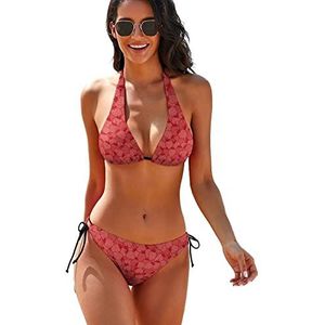 Rode aardbei dames 2-delige bikini set driehoek badmode halter string badpakken met stropdas kant M