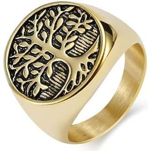 Retro Europese en Amerikaanse stijl fortitanium stalen levensboom ring ring mannen gepersonaliseerde grote trigger vinger niche sieraden items (Color : Golden, Size : 7#)