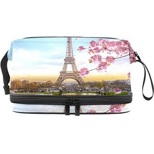 Grote capaciteit reizen cosmetische tas, Frankrijk Parijs Eiffeltoren bloem landschap, make-up tas, waterdichte make-up tas organisator, Meerkleurig, 27x15x14 cm/10.6x5.9x5.5 in