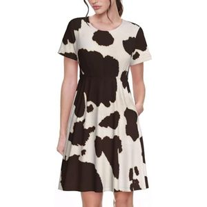Zomerjurken voor dames, koeienbont print 3D-print - ronde hals casual T-shirt korte mouwen jurk losse swing strandjurk met zakken, 3 D, S