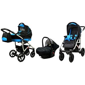 BabyLux Largo 3 in 1 Baby Reis Systeem Kinderwagen Autostoel Afneembare Regenhoes Voetenzak Dragende Wielen Pasgeborene tot Baby Black Aqua Silver Frame