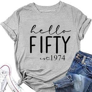 Hello Fifty Est 1974 Vrouwen Shirt 50e Verjaardagscadeau Tops Zomer Grappige Brief Print Tees Korte Mouw Retro T-shirts, Grijs, S
