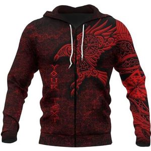 Noorse Mythologie Odin Raven Hoodie, Viking 3D Full Body Gedrukt Nieuwigheid Harajuku Rits Pullover Sweatshirt, Trekkoord met Lange Mouwen Plus Size Heidense Top(Color:Red Zip Hoodie,Size:S)