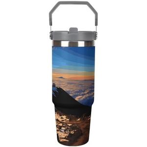FZQVSGW 30 oz grote capaciteit autobeker met rietje Mauna Kea Summit Sunset roestvrijstalen reismok - dubbelwandige vacuüm geïsoleerde kopjes, lekvrij, voor reizen, buiten en thuisgebruik