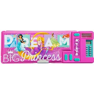 Disney Princess Pink Pencil Case with Compartments Double Sided Hardtop Shell 26 x 9 cm Kids School Stationery Pen Organiser for Girls Featuring Cartoon DVD Cinderella Rapunzel Tiana Jasmine Ariel
